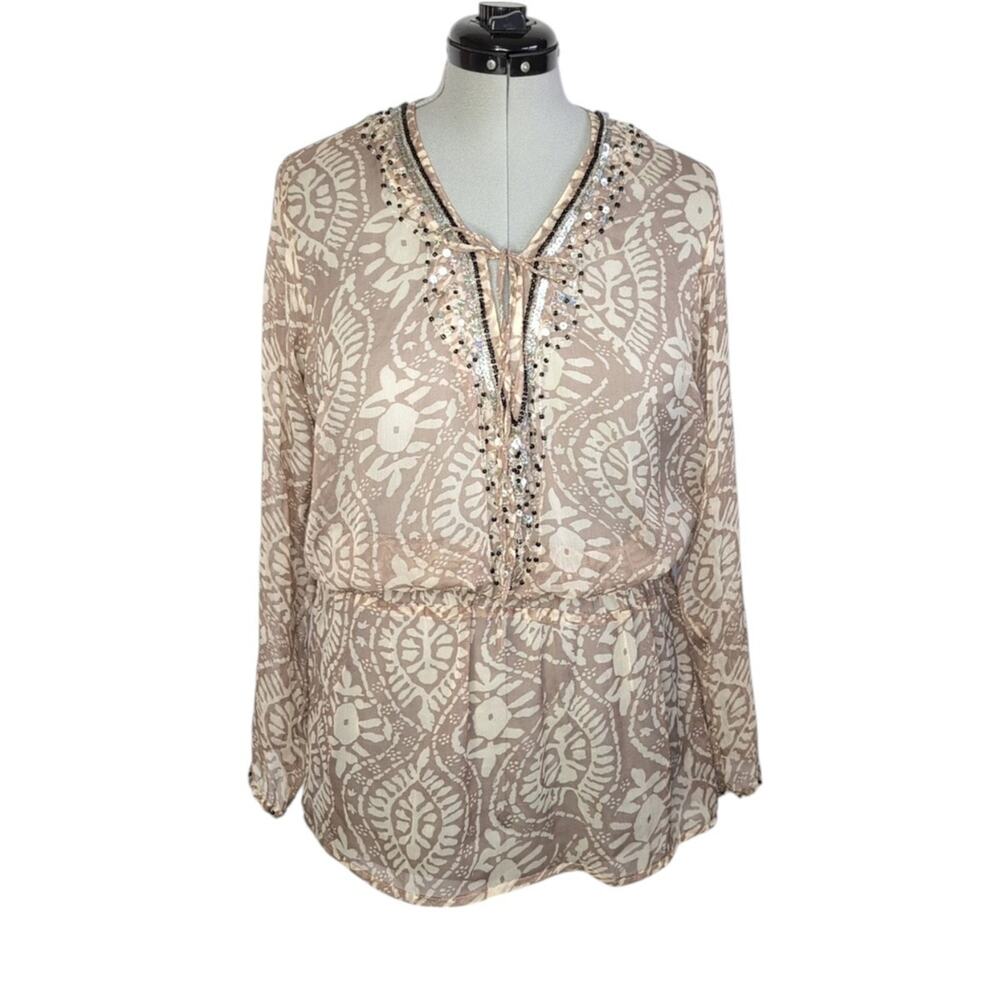 GOA Beige & White Patterned Sheer Blouse Est. L/XL Casual Boho Feminine